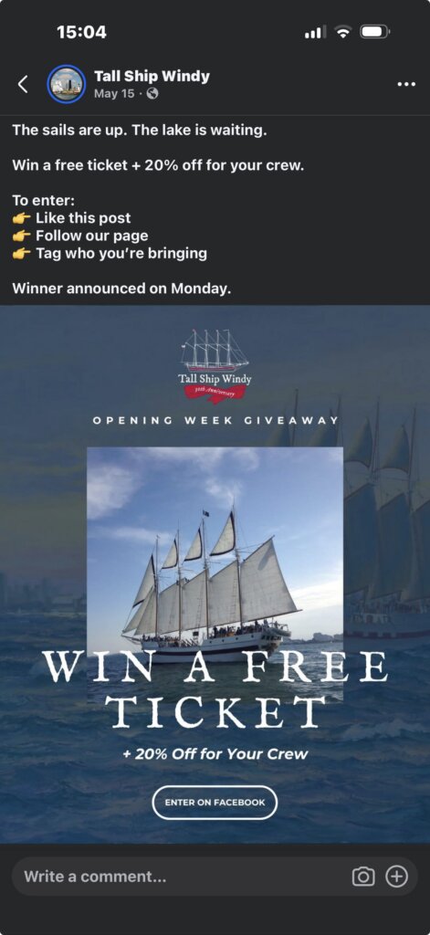 Social media giveaway from Tall Ship Windy